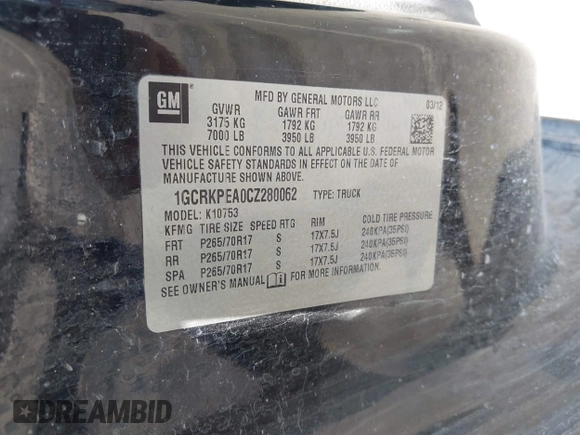 2012 Chevrolet Silverado 1500 Work Truck with VIN 1GCRKPEA0CZ280062, listed as a IAAI auction lot 42219409 with 211,010 mi miles and . Bid and sale history available at DreamBid. Image 9.