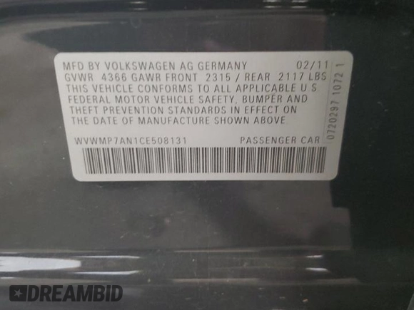 2012 Volkswagen CC Sport PZEV with VIN WVWMP7AN1CE508131, listed as a Copart auction lot 71740264 with 96,326 mi miles and Salvage Title. Bid and sale history available at carsss.com. Image 12.