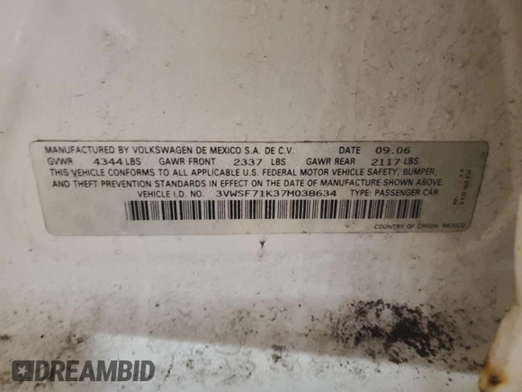 2007 Volkswagen Jetta 2.5 with VIN 3VWSF71K37M038634, listed as a Copart auction lot 43028475 with 177,850 mi miles and Salvage title. Bid and sale history available at DreamBid. Image 14.