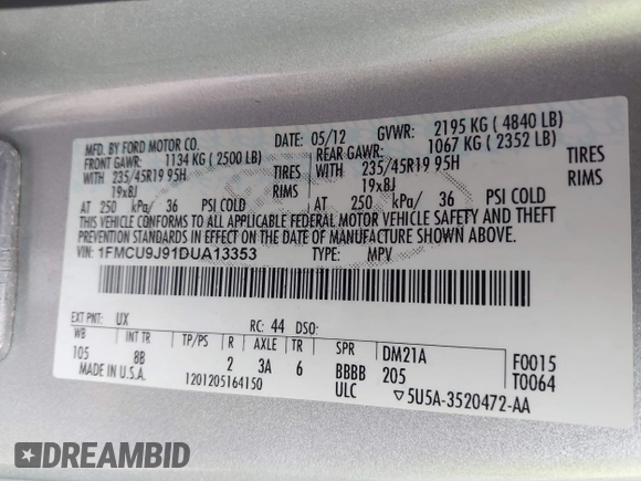 2013 Ford Escape Titanium с VIN 1FMCU9J91DUA13353, выставлен на аукционе IAAI как лот 42074045 с пробегом 108 452 миль миль и . История ставок и продаж доступна на DreamBid. Изображение 9.