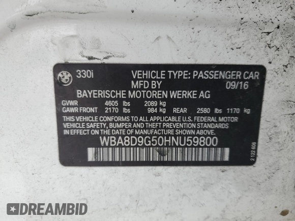 2017 BMW 3 Series 330i xDrive with VIN WBA8D9G50HNU59800, listed as a Copart auction lot 44417915 with 61,809 mi miles and Clean title. Bid and sale history available at DreamBid. Image 12.