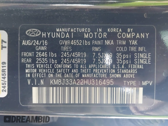 2017 Hyundai Tucson Value z VIN KM8J33A22HU316495, wystawiony jako IAAI lot #41896507 z przebiegiem 82 517 mil mil oraz . Historia ofert i sprzedaży dostępna na DreamBid. Obrazek 9.