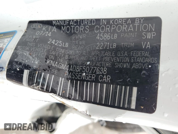 2015 Kia Optima with VIN KNAGM4AD8F5077638, listed as a Copart auction lot 57016255 with 78,162 mi miles and Salvage title. Bid and sale history available at DreamBid. Image 12.