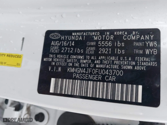 2015 Hyundai Genesis 5.0L with VIN KMHGN4JF0FU043700, listed as a IAAI auction lot 41527863 with 110,520 mi miles. Bid and sale history available at carsss.com. Image 9.
