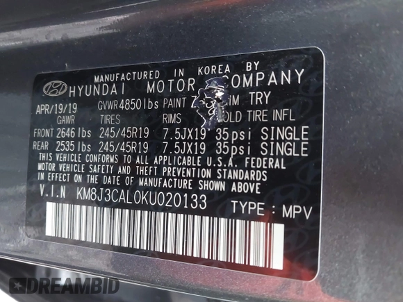 2019 Hyundai Tucson Ultimate with VIN KM8J3CAL0KU020133, listed as a IAAI auction lot 41856333 with 93,772 mi miles. Bid and sale history available at carsss.com. Image 9.
