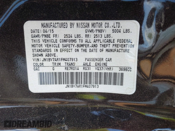 2015 Infiniti Q50 with VIN JN1BV7AR1FM407913, listed as a IAAI auction lot 42176827 with 110,969 mi miles and . Bid and sale history available at DreamBid. Image 9.