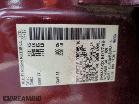 2013 Nissan Maxima SV with VIN 1N4AA5AP0DC803749, listed as a Copart auction lot 61404525 with 209,242 mi miles and Clean title. Bid and sale history available at DreamBid. Image 12.
