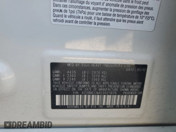 2012 Subaru Legacy Premium with VIN 4S3BMCC6XC3021875, listed as a Copart auction lot 59679805 with 119,547 mi miles and Salvage title. Bid and sale history available at DreamBid. Image 12.