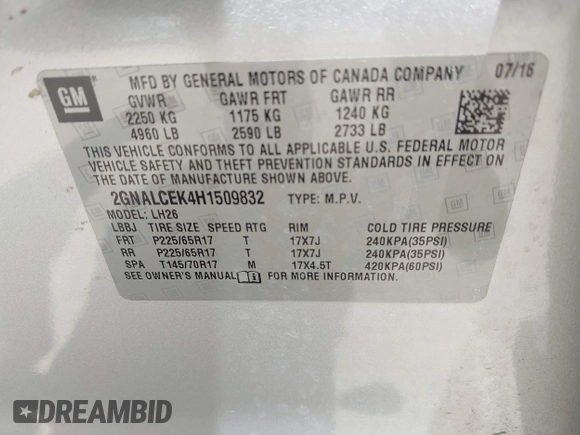 2017 Chevrolet Equinox LT with VIN 2GNALCEK4H1509832, listed as a IAAI auction lot 42027036 with 145,263 mi miles and . Bid and sale history available at DreamBid. Image 9.