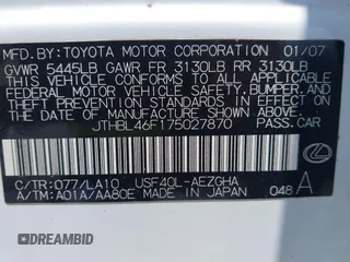 2007 Lexus LS 460 z VIN JTHBL46F175027870, wystawiony jako IAAI lot #42671694 z przebiegiem 197 941 mil mil oraz . Historia ofert i sprzedaży dostępna na DreamBid. Obrazek 9.