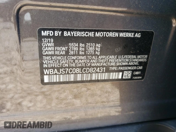 2020 BMW 5 Series M550i xDrive with VIN WBAJS7C08LCD82431, listed as a Copart auction lot 59518835 with 33,184 mi miles and Salvage title. Bid and sale history available at DreamBid. Image 12.