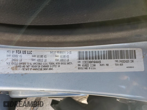 2015 Chrysler 200 Limited with VIN 1C3CCCABXFN646426, listed as a Copart auction lot 87853065 with 147,316 mi miles and Salvage Title. Bid and sale history available at carsss.com. Image 13.