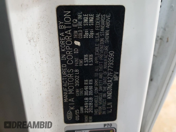 2015 Kia Soul with VIN KNDJN2A27F7793590, listed as a Copart auction lot 47951365 with 57,342 mi miles and Salvage Title. Bid and sale history available at carsss.com. Image 15.