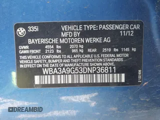 2013 BMW 3 Series 335i with VIN WBA3A9G53DNP36811, listed as a IAAI auction lot 42558641 with 122,566 mi miles and . Bid and sale history available at DreamBid. Image 9.