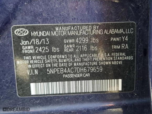 2013 Hyundai Sonata GLS PZEV with VIN 5NPEB4AC7DH679659, listed as a Copart auction lot 49419535 with 96,933 mi miles and Salvage Title. Bid and sale history available at carsss.com. Image 12.