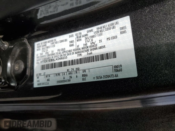 2020 Ford F-150 XL z VIN 1FTEX1EB5LKD68233, wystawiony jako Copart lot #62605965 z przebiegiem 53 184 mil mil oraz Szkoda całkowita • Salvage title. Historia ofert i sprzedaży dostępna na DreamBid. Obrazek 12.
