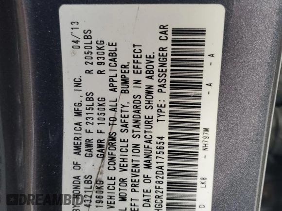 2013 Honda Accord Sdn EX-L with VIN 1HGCR2F82DA175654, listed as a Copart auction lot 50581295 with Not Provided miles and Salvage Title. Bid and sale history available at carsss.com. Image 12.