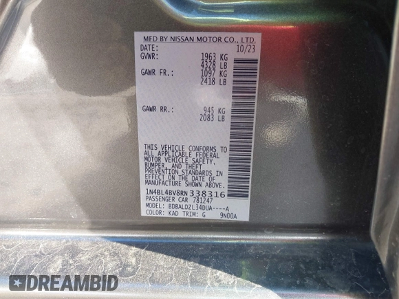 2024 Nissan Altima S with VIN 1N4BL4BV8RN338316, listed as a IAAI auction lot 41631110 with 20,431 mi miles and . Bid and sale history available at carsss.com. Image 9.