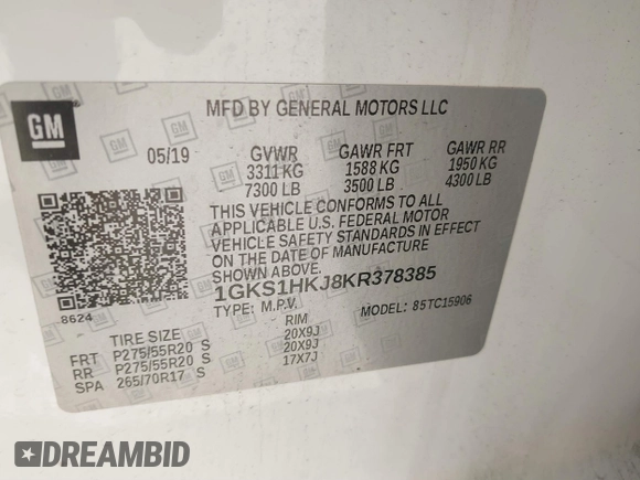 2019 GMC Yukon XL Denali with VIN 1GKS1HKJ8KR378385, listed as a IAAI auction lot 41580041 with 115,481 mi miles. Bid and sale history available at carsss.com. Image 9.