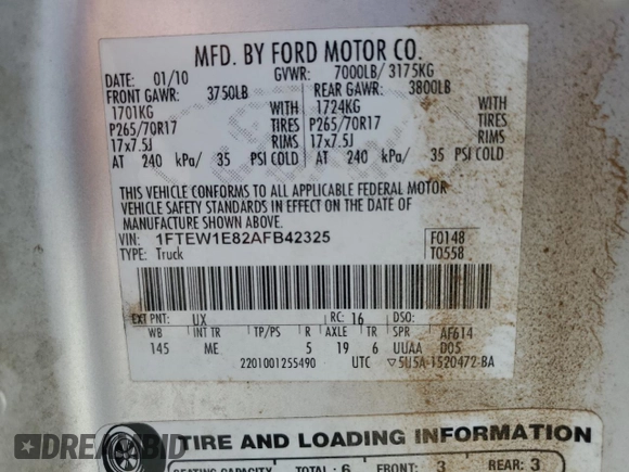 2010 Ford F-150 XL с VIN 1FTEW1E82AFB42325, выставлен на аукционе Copart как лот 63592655 с пробегом 170 416 миль миль и Списание • Salvage title. История ставок и продаж доступна на DreamBid. Изображение 12.
