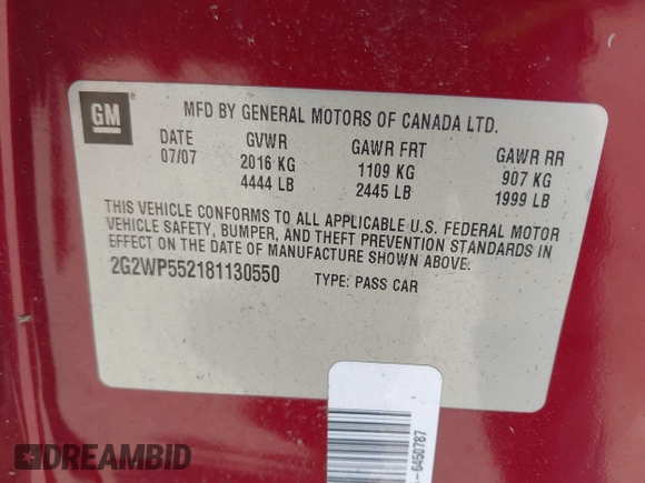 2008 Pontiac Grand Prix z VIN 2G2WP552181130550, wystawiony jako IAAI lot #42312944 z przebiegiem 156 258 mil mil oraz . Historia ofert i sprzedaży dostępna na DreamBid. Obrazek 9.