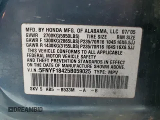 2005 Honda Pilot EX with VIN 5FNYF18425B059025, listed as a Copart auction lot 50590455 with 246,159 mi miles and Salvage Title. Bid and sale history available at DreamBid. Image 15.