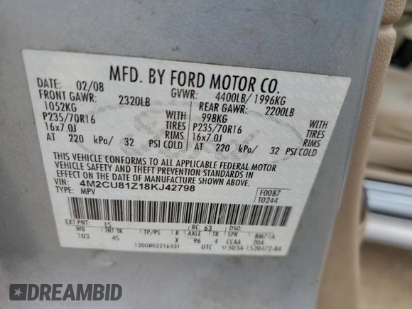 2008 Mercury Mariner with VIN 4M2CU81Z18KJ42798, listed as a Copart auction lot 41996975 with 237,496 mi miles and Salvage title. Bid and sale history available at DreamBid. Image 14.