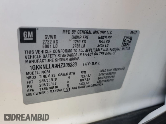 2017 GMC Acadia SLE with VIN 1GKKNLLA9HZ306383, listed as a Copart auction lot 41657965 with 96,657 mi miles and Salvage Title. Bid and sale history available at carsss.com. Image 13.
