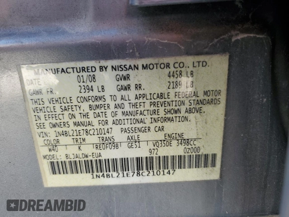 2008 Nissan Altima 3.5 SE with VIN 1N4BL21E78C210147, listed as a Copart auction lot 52485895 with 135,091 mi miles and Salvage Title. Bid and sale history available at carsss.com. Image 14.