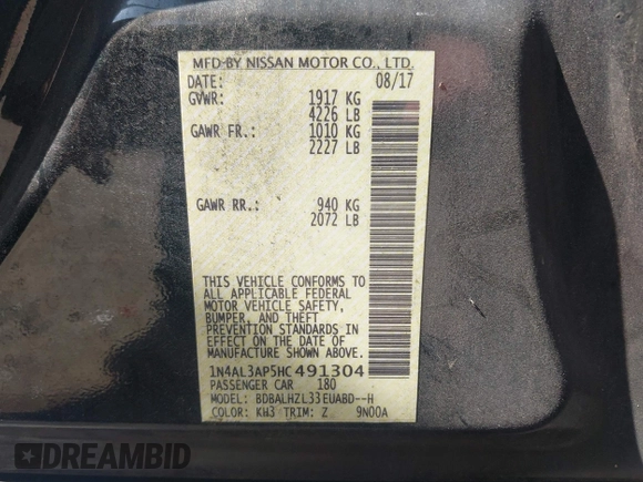 2017 Nissan Altima SR with VIN 1N4AL3AP5HC491304, listed as a IAAI auction lot 42615278 with 100,438 mi miles and . Bid and sale history available at DreamBid. Image 9.