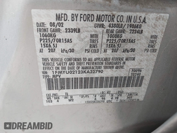 2003 Ford Escape XLS Popular with VIN 1FMYU02123KA32790, listed as a IAAI auction lot 42122524 with 244,560 mi miles and . Bid and sale history available at DreamBid. Image 9.