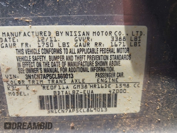 2012 Nissan Versa S with VIN 3N1CN7AP5CL869013, listed as a IAAI auction lot 42567028 with 145,224 mi miles and . Bid and sale history available at DreamBid. Image 9.