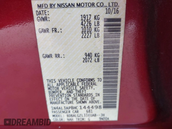 2017 Nissan Altima SV with VIN 1N4AL3AP8HC144498, listed as a IAAI auction lot 42041465 with 144,274 mi miles and . Bid and sale history available at DreamBid. Image 9.