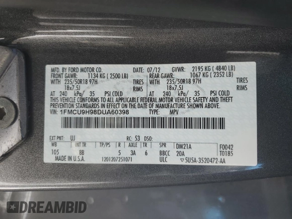 2013 Ford Escape SEL with VIN 1FMCU9H98DUA60398, listed as a Copart auction lot 45404325 with 178,112 mi miles and Clean Title. Bid and sale history available at carsss.com. Image 15.