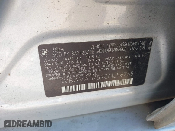 2008 BMW 3 Series 328i with VIN WBAVA37598NL56755, listed as a IAAI auction lot 41668770 with 170,122 mi miles. Bid and sale history available at carsss.com. Image 9.