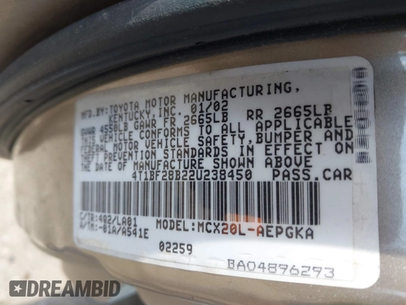 2002 Toyota Avalon XL with VIN 4T1BF28B22U238450, listed as a IAAI auction lot 41921545 with 246,520 mi miles and . Bid and sale history available at DreamBid. Image 9.