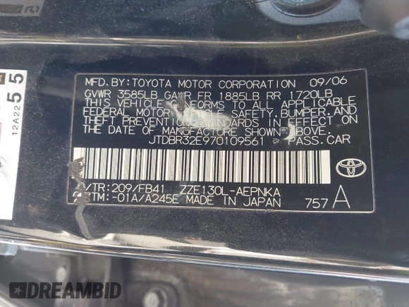 2007 Toyota Corolla CE with VIN JTDBR32E970109561, listed as a IAAI auction lot 41992222 with 199,407 mi miles. Bid and sale history available at carsss.com. Image 9.