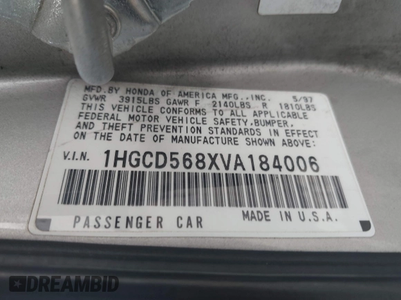 1997 Honda Accord Value with VIN 1HGCD568XVA184006, listed as a IAAI auction lot 41818518 with 276,230 mi miles and . Bid and sale history available at carsss.com. Image 9.