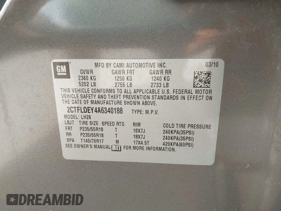 2010 GMC Terrain SLE-2 z VIN 2CTFLDEY4A6340188, wystawiony jako IAAI lot #42478916 z przebiegiem 81 123 mil mil oraz . Historia ofert i sprzedaży dostępna na DreamBid. Obrazek 9.