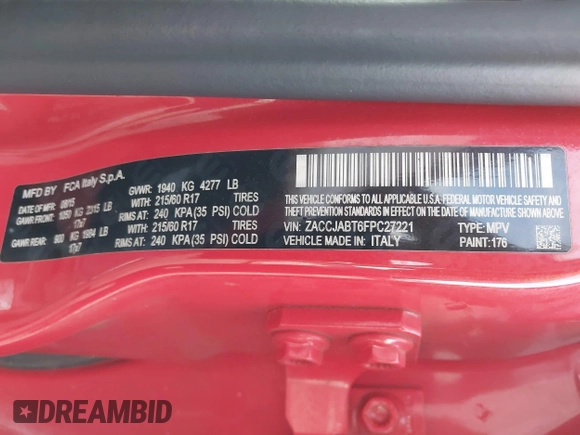 2015 Jeep Renegade Latitude with VIN ZACCJABT6FPC27221, listed as a IAAI auction lot 40810159 with Not Provided miles. Bid and sale history available at carsss.com. Image 9.