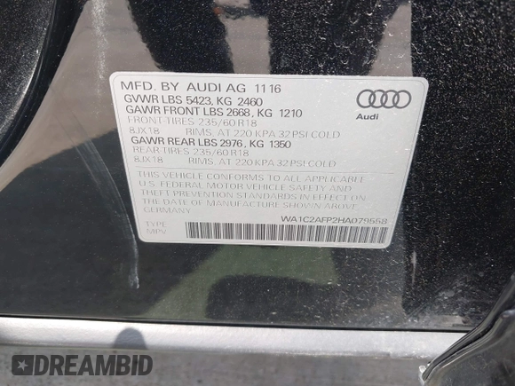 2017 Audi Q5 Premium z VIN WA1C2AFP2HA079558, wystawiony jako IAAI lot #42071524 z przebiegiem 106 079 mil mil oraz . Historia ofert i sprzedaży dostępna na DreamBid. Obrazek 9.