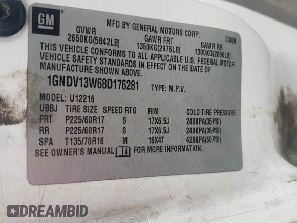 2008 Chevrolet Uplander with VIN 1GNDV13W68D176281, listed as a Copart auction lot 75948924 with 124,791 mi miles and Salvage Title. Bid and sale history available at DreamBid. Image 13.