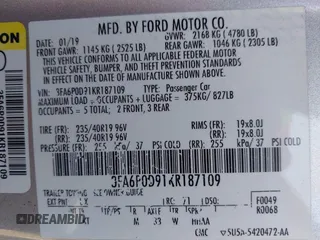2019 Ford Fusion Titanium with VIN 3FA6P0D91KR187109, listed as a IAAI auction lot 41646320 with 107,125 mi miles. Bid and sale history available at carsss.com. Image 9.