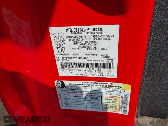 2012 Ford F-150 XL with VIN 1FTFW1ET7CFB65787, listed as a IAAI auction lot 42395726 with 201,351 mi miles and . Bid and sale history available at DreamBid. Image 9.