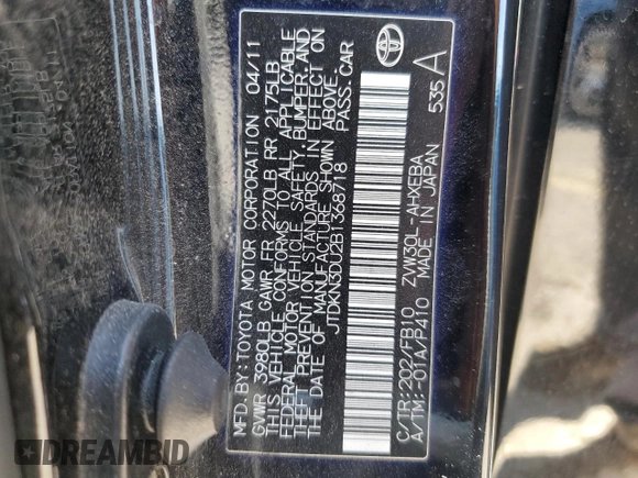 2011 Toyota Prius I with VIN JTDKN3DU2B1368718, listed as a Copart auction lot 55981265 with 123,090 mi miles and Salvage Title. Bid and sale history available at DreamBid. Image 12.