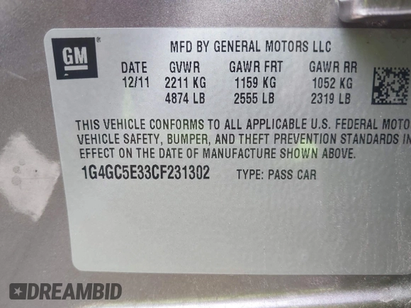 2012 Buick LaCrosse Leather with VIN 1G4GC5E33CF231302, listed as a IAAI auction lot 42028945 with 94,131 mi miles and . Bid and sale history available at DreamBid. Image 9.