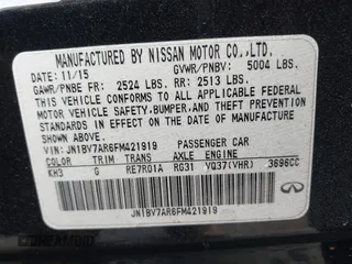 2015 Infiniti Q50 with VIN JN1BV7AR6FM421919, listed as a IAAI auction lot 41078899 with 172,459 mi miles and . Bid and sale history available at carsss.com. Image 9.