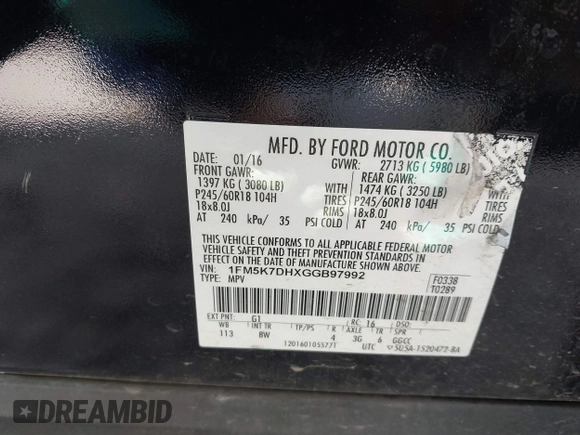 2016 Ford Explorer XLT with VIN 1FM5K7DHXGGB97992, listed as a IAAI auction lot 41880961 with 179,233 mi miles and . Bid and sale history available at carsss.com. Image 9.