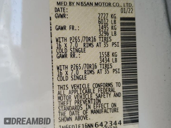 2022 Nissan Frontier SV z VIN 1N6ED1EJ6NN642344, wystawiony jako Copart lot #50182595 z przebiegiem 81 228 mil mil oraz Szkoda całkowita • Salvage title. Historia ofert i sprzedaży dostępna na DreamBid. Obrazek 12.