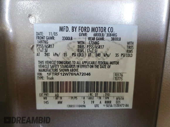 2006 Ford F-150 XL с VIN 1FTRF12W76NA72046, выставлен на аукционе Copart как лот 63699515 с пробегом 94 370 миль миль и Списание • Salvage title. История ставок и продаж доступна на DreamBid. Изображение 12.